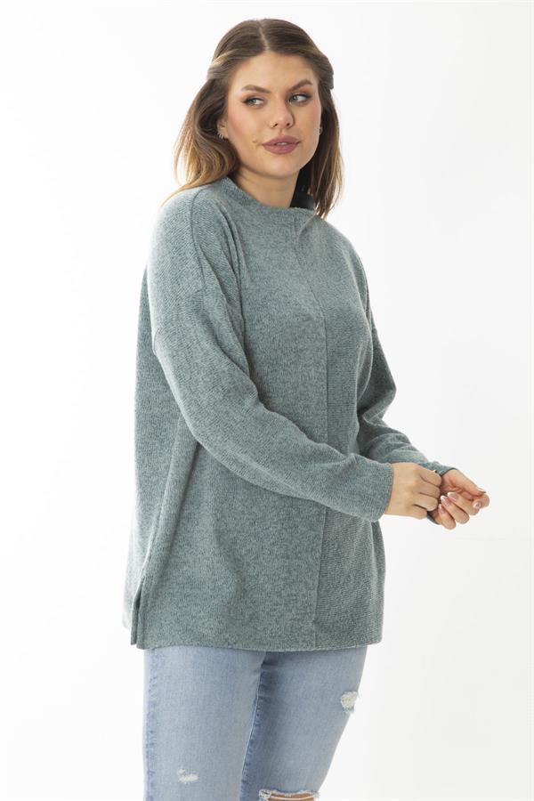 Kadın Büyük Beden Yeşil Yün Viskon Kumaş Sıfır Yakalı Yan Yırtmaçlı Tunik 65N37019