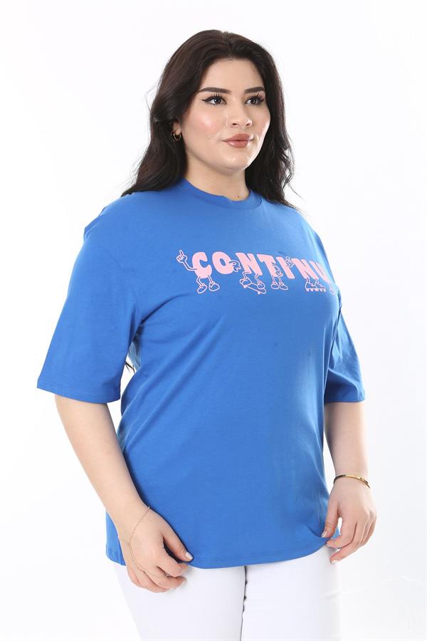 Kadın Büyük Beden Saks Pamuk Kumaş Ön Baskılı Kısa Kollu Bluz 65N38008