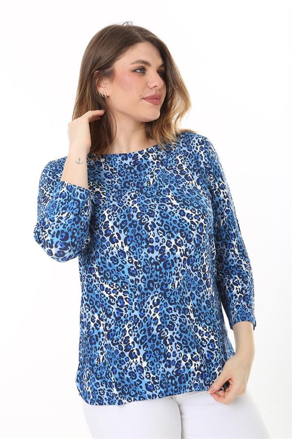 Kadın Büyük Beden Mavi Sırt Detaylı Bisiklet Yakalı Kapri Kollu Bluz 65N37586
