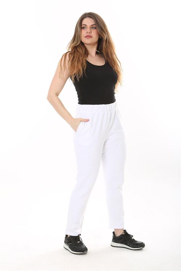 Kadın Büyük Beden Beyaz İçi Şardonlu Yan Cepli Eşofman Alt 65N37566