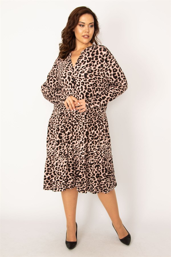 Kadın Kahve V Yakalı Ön Pat Yarım Düğmeli Bel Büzgülü Uzun Kollu Elbise 65N33705