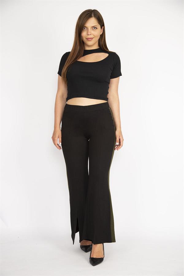 Kadın Siyah Büyük Beden Yırtmaç Detaylı Geniş Paçalı Yan Şeritli Eşofman Alt