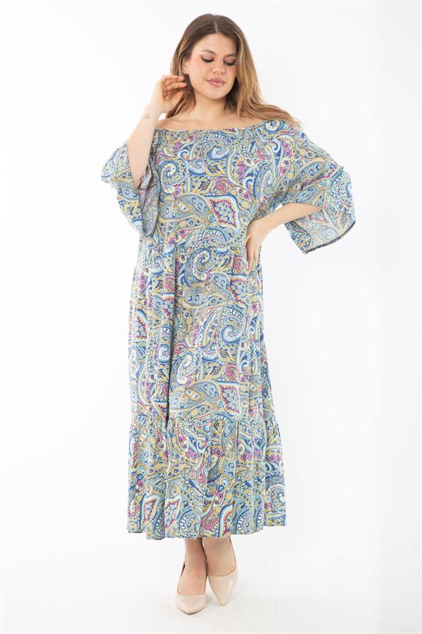 Kadın Büyük Beden Renkli Yaka Lastikli Dokuma Viskon Kumaş Katlı Elbise 65N37349