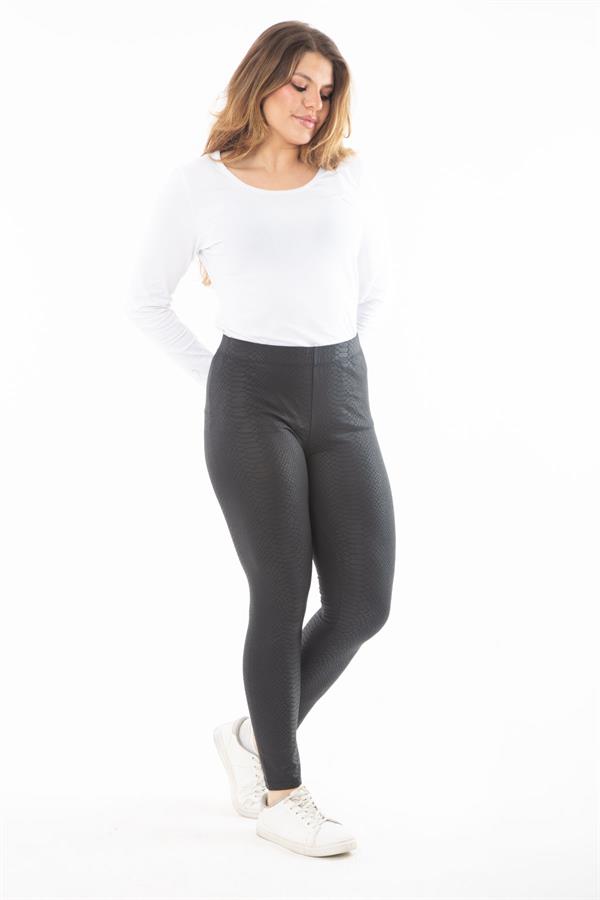 Kadın Büyük Beden Siyah Deri Görünümlü Desenli Tayt 65N37434