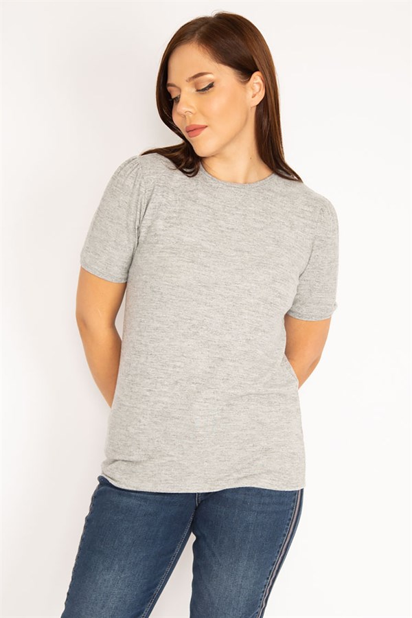 Kadın Gri Yumoş Kumaş Kısa Kollu Bluz 65N34939