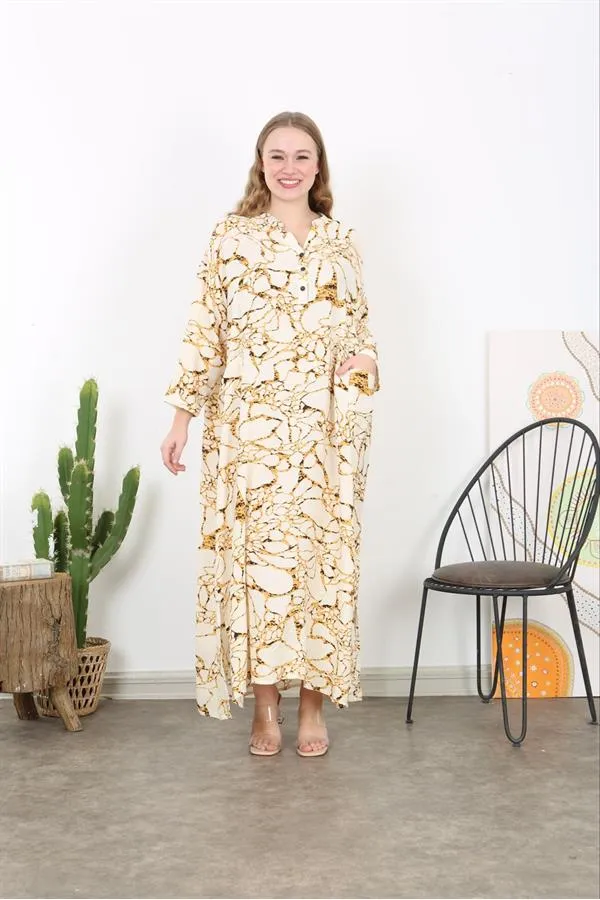 Kadın Büyük Beden Kemik Dokuma Viskon Kumaş Ön Pat Düğmeli Uzun Kollu Elbise 65N38730