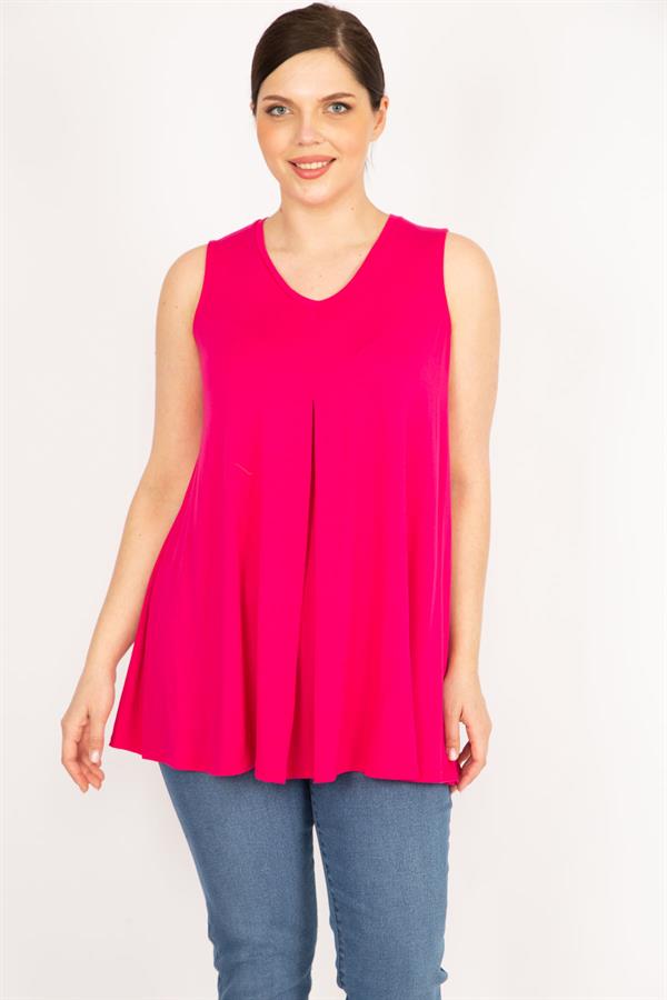 Kadın Fujya Büyük Beden Önü A Pileli V Yakalı Kolsuz Tunik