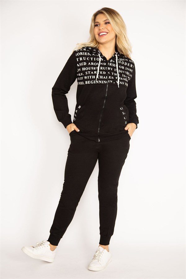 Kadın Siyah Fermuar Ve Kapşon Detaylı Baskılı Eşortman Takım 65N34841
