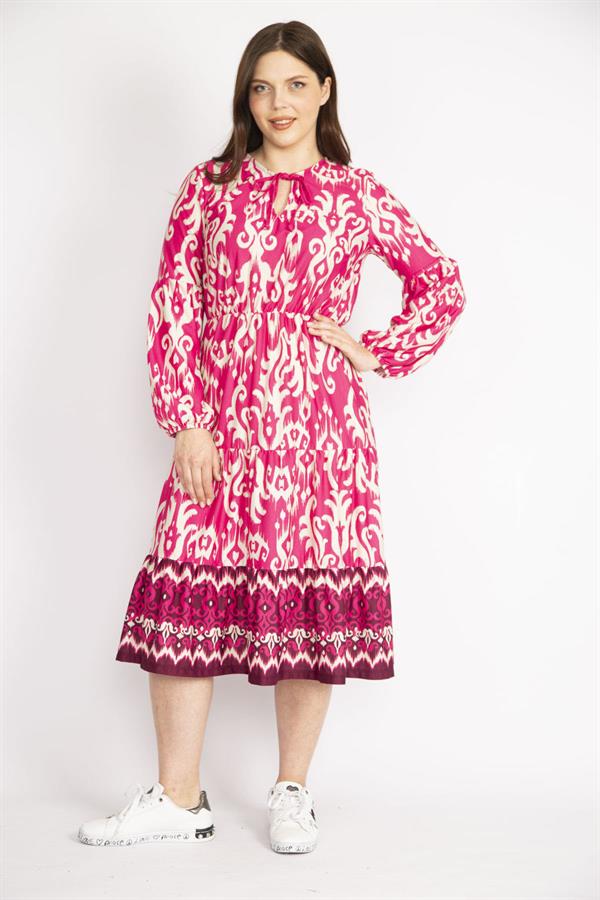 KADIN RENKLİ YAKA BAĞCIKLI KATLI UZUN ELBİSE