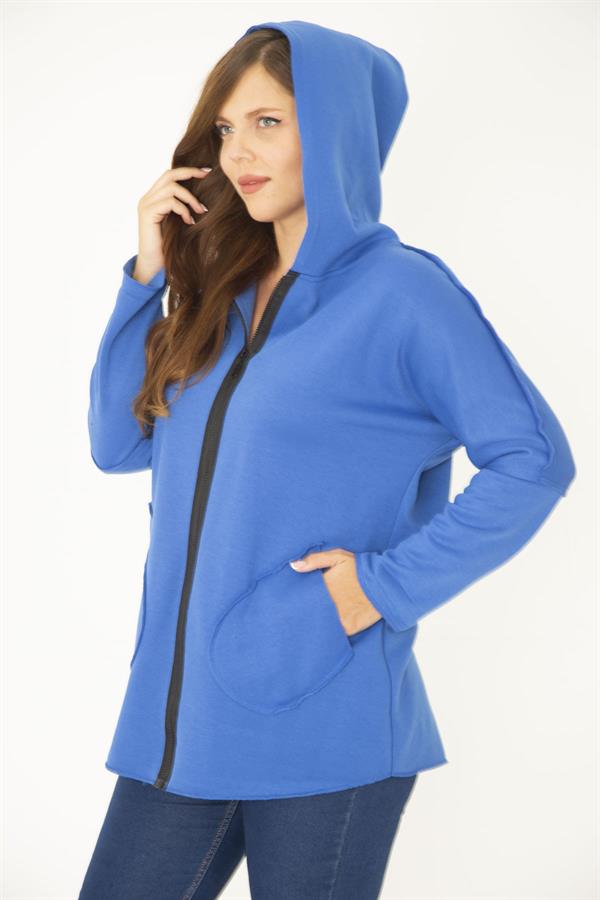 Kadın Büyük Beden Saks Ön Fermuar Ve Cepli Kapşonlu Kaşe Mont 65N36969