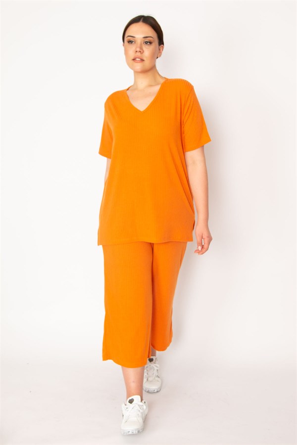 Kadın Fujya Kaşkorse Örme Beli Lastikli Geniş Paçalı Pantolon V Yakalı Bluz Takım 65N32939