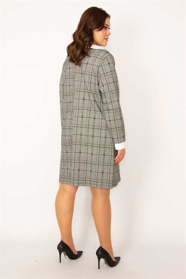 KADIN GRİ BEBE YAKA EKOSE DESENLİ ELBİSE