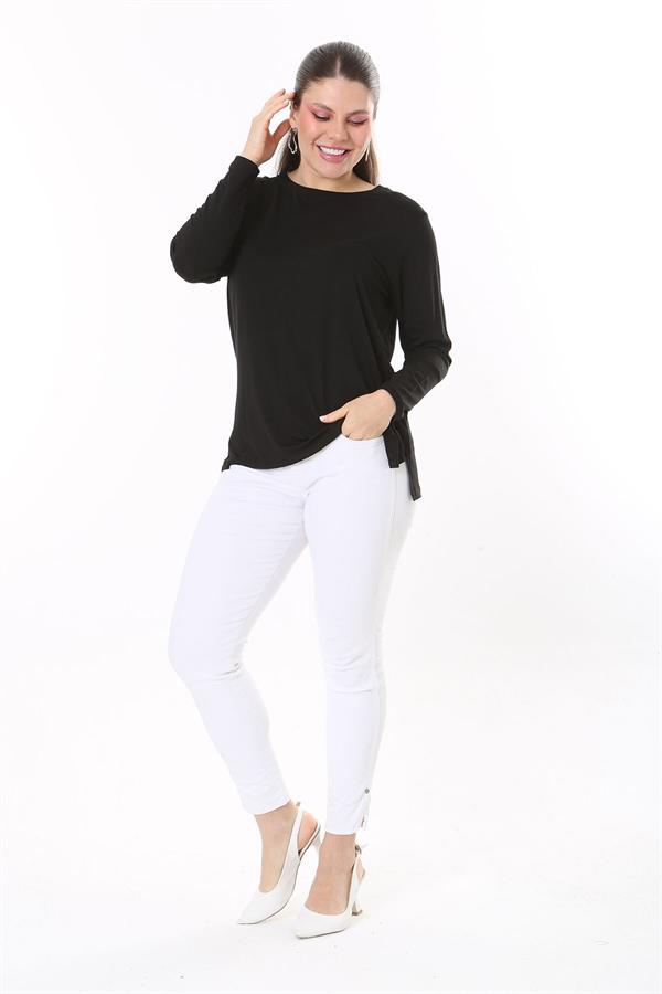 Kadın Büyük Beden Siyah Sırtı Taş Ve Pul Payet Tül Detaylı Uzun Kollu Bluz 65N37691