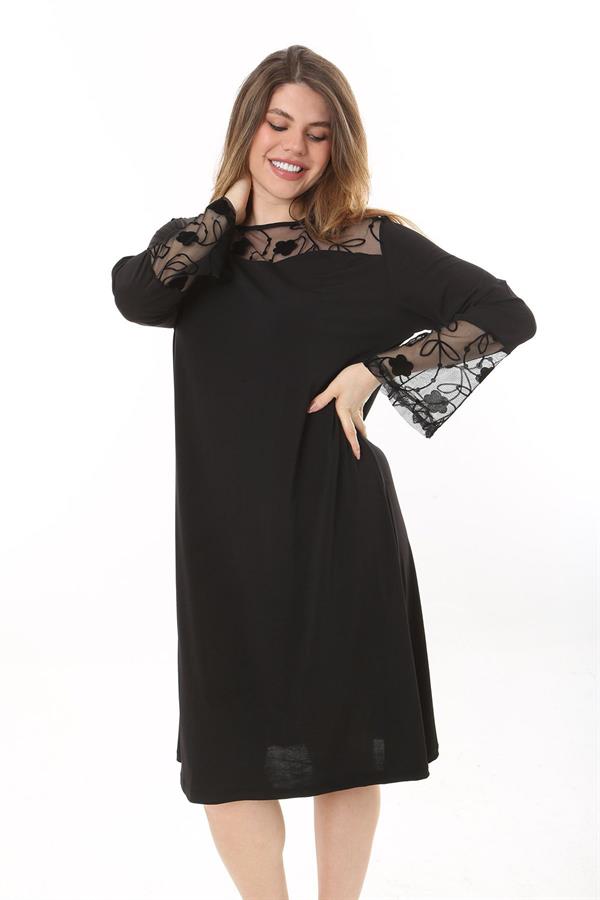 Kadın Büyük Beden Siyah Dantel Detaylı Elbise 65N37660