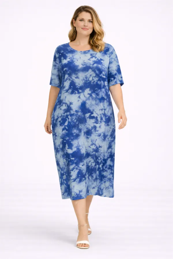 Kadın Büyük Beden Mavi, Batik Desen Viskon Elbise 65N39469