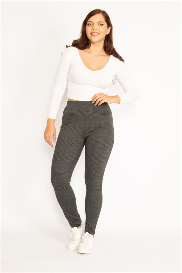 Leggings femme gris à carreaux et poches zippées décoratives 26A34810