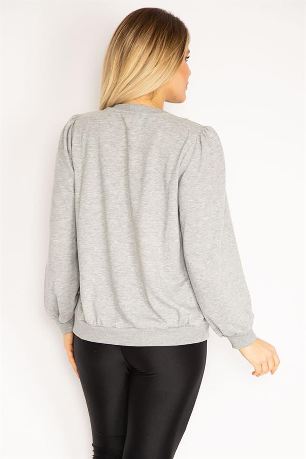 Women's Plus Size Gray 3 Thread Thick Front Printed Shoulder Gathered Ribbed Sweatshirt 65N37105