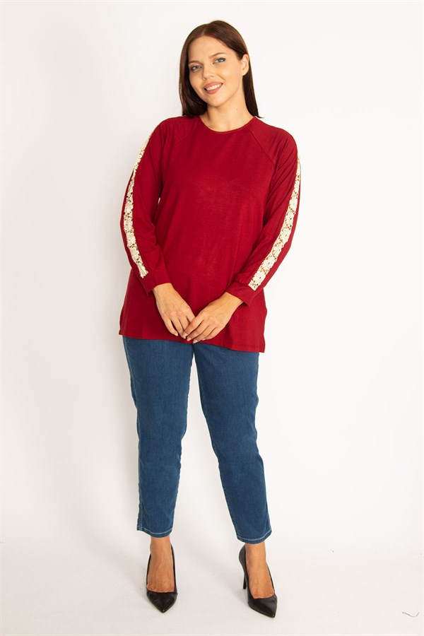 Kadın Bordo Dantel Detaylı Bluz 65N34646