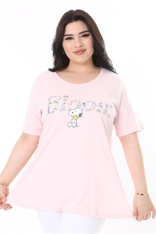 Kadın Büyük Beden Pembe Pamuk Kumaş Ön Baskılı Kısa Kollu Bluz 65N38014
