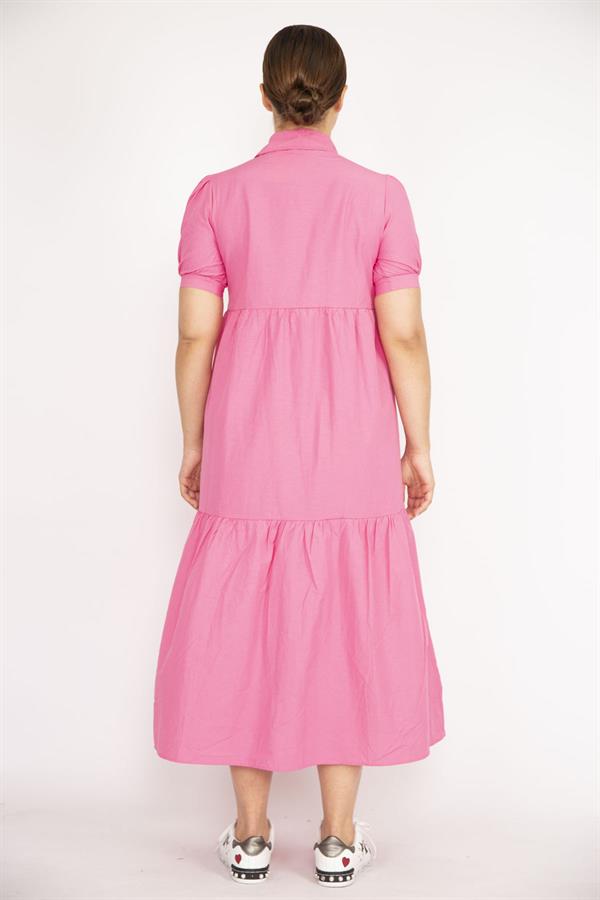 Kadın Büyük Beden Pembe Poplin Kumaş Ön Boy Düğmeli Elbise 65N36790
