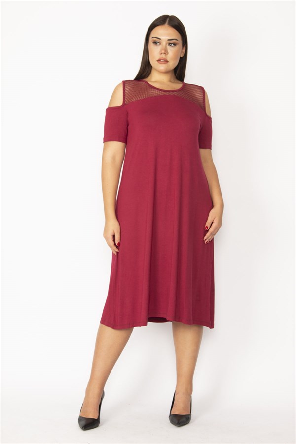 Kadın Bordo Omuz Dekolteli Roba Ve Cepleri File Detaylı Viskon Elbise 65N28932