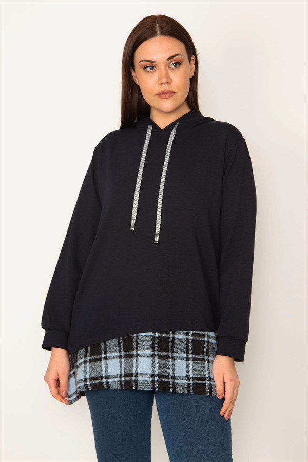 Kadın Kemik Kapşonlu Etek Ucu Ekose Garnili Sweatshirt 65N31947