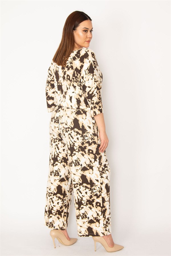 KADIN KAHVE BATİK DESENLİ BEL KISMI LASTİK VE CEP DETAYLI GENİŞ PAÇALI TULUM