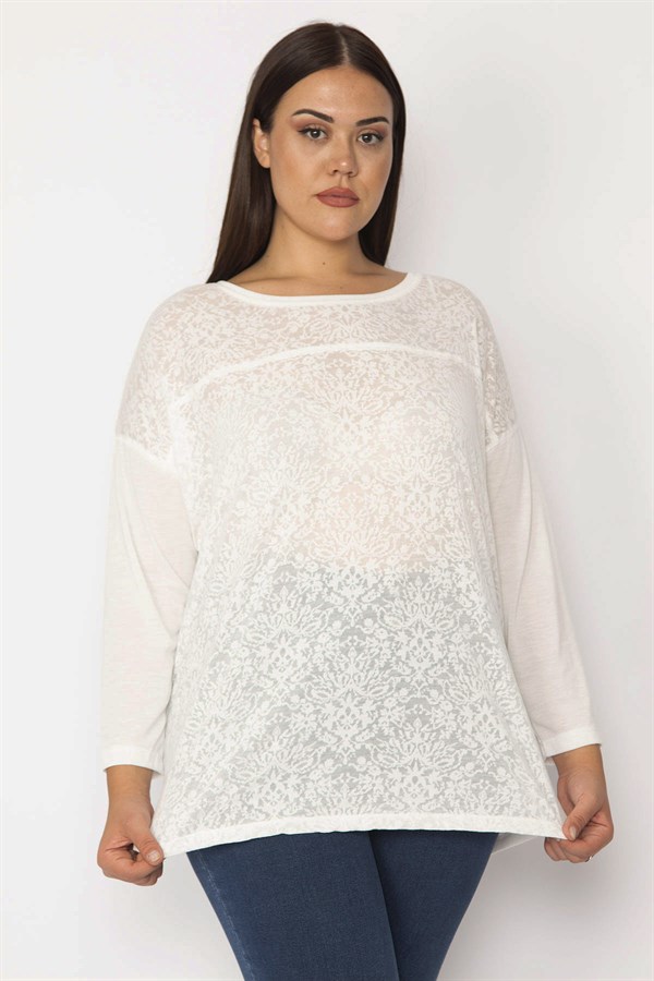 Kadın Kemik Ön Kısmı Desenli Flok Kumaş Kapri Kol Tunik 65N28906
