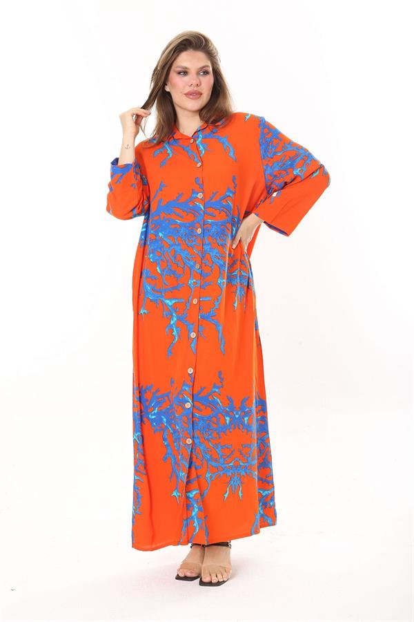 Kadın Büyük Beden Mavi Ön Boy Düğmeli Gömlek Yakalı Uzun Elbise 65N37875