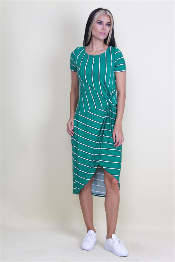 ÇİZGİ KOMBİNLİ BEL DETAYLI ETEK KISMI ANVELOP KESİM ELBİSE