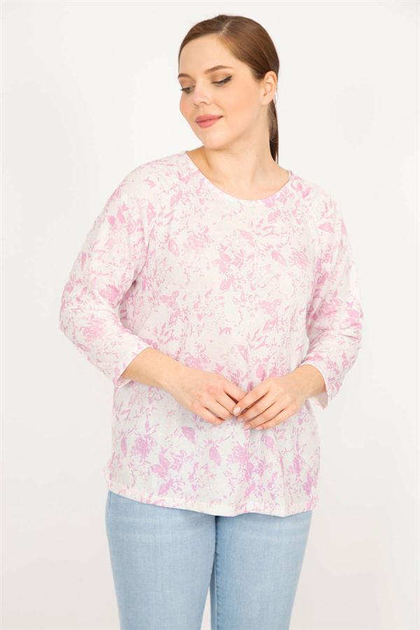 Kadın Pembe Büyük Beden Bisiklet Yakalı Desenli Bluz