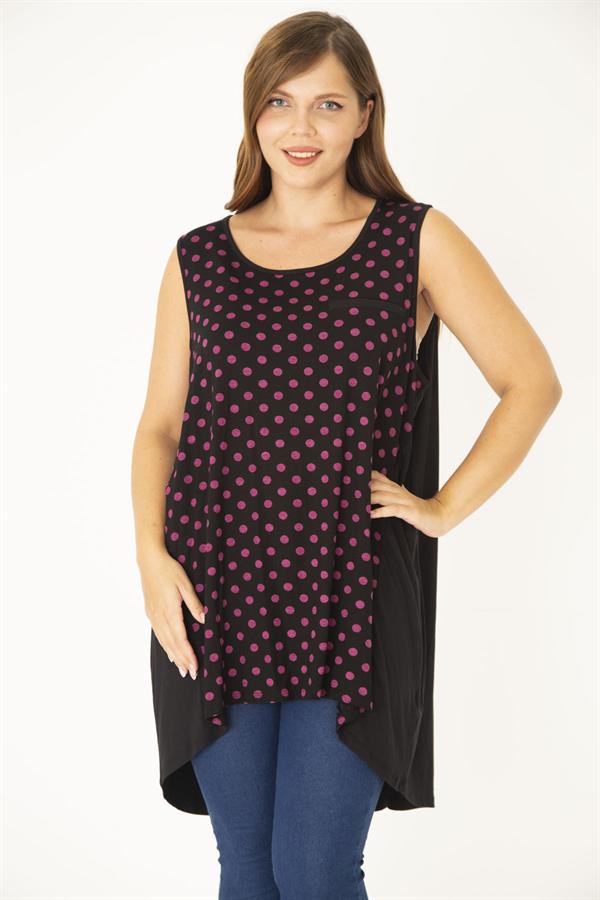 Kadın Büyük Beden Fujya Önü Puan Desenli Yan Kuplu Kolsuz Uzun Bluz 65N36945