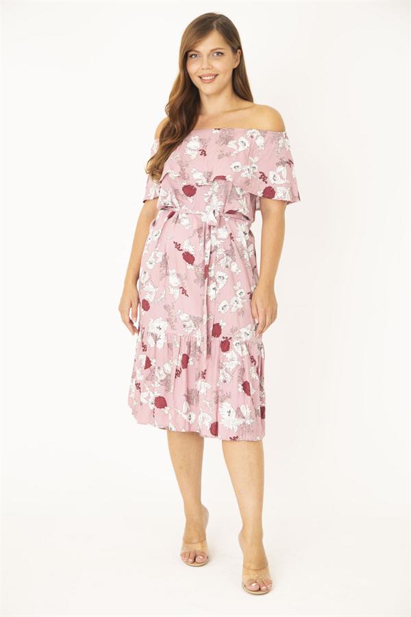 Kadın Büyük Beden Pembe Dokuma Viskon Kumaş Yakası Lastik Ve Volan Detaylı Elbise 65N36783