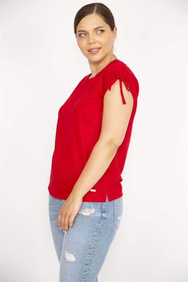 Kadın Bordo Büyük Beden Omuz Bağcıklı Polyester Kumaş Bluz