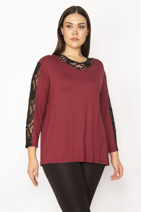 Kadın Mürdüm Dantel Detaylı Bluz 65N29505