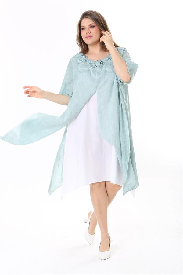 Kadın Büyük Beden Yeşil Yaka Dantelli İki Parça Elbise 65N37784