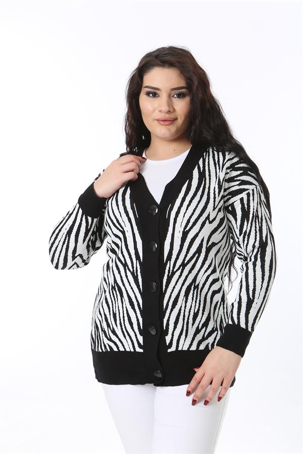 Kadın Büyük Beden Siyah Ön Düğmeli Triko Hırka 65N38566