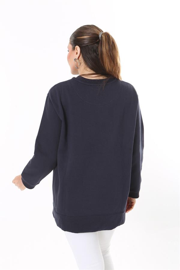 Women's Plus Size Navy Blue Ribbed Inside Slit Sweatshirt 65N37716