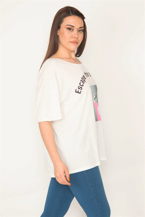 KADIN KEMİK RAHAT KESİM BİSİKLET YAKA ÖN BASKILI BLUZ