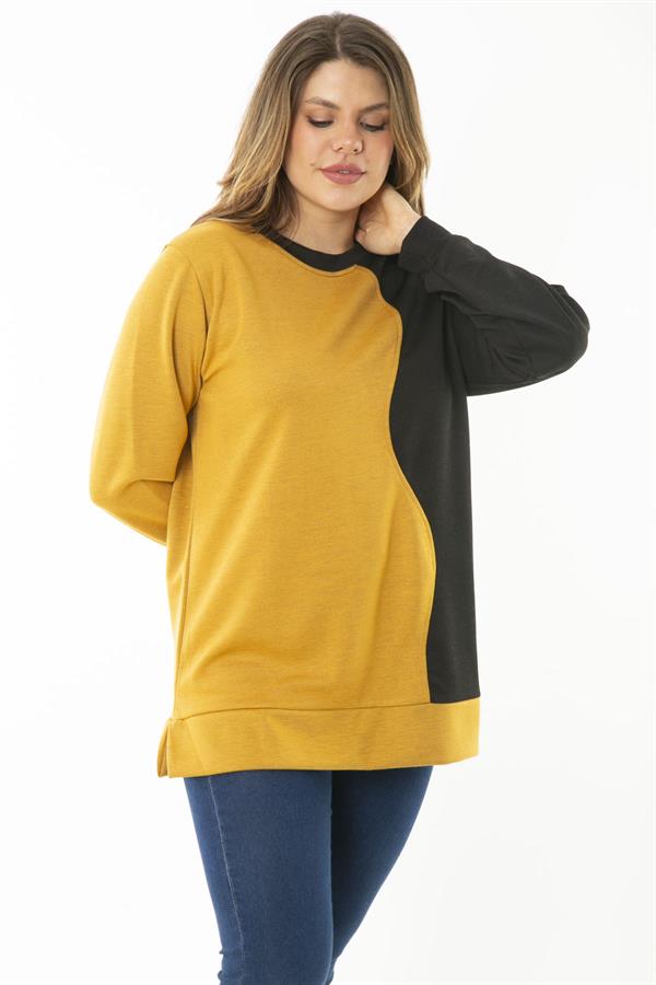Kadın Büyük Beden Hardal Dueble Face Kumaş Renk Kombinli Sweatshirt 65N37124