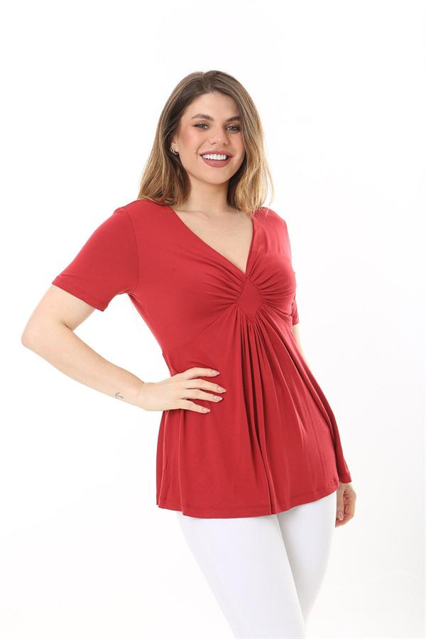 Kadın Büyük Beden Bordo Göğüs Büzgü Detaylı V Yakalı Kısa Kollu Bluz 65N37581