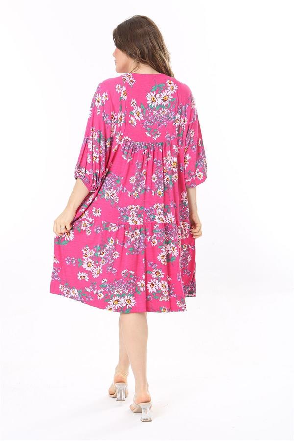 Kadın Büyük Beden Renkli Ön Pat Düğmeli Göğüs Büzgülü Yarasa Kollu Elbise 65N37959