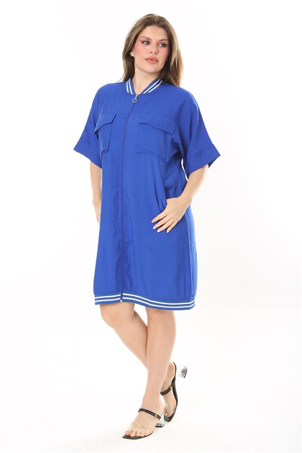 Kadın Büyük Beden Nar Ön Fermuarlı Ribana Detaylı Aerobin Kumaş Elbise 65N37880