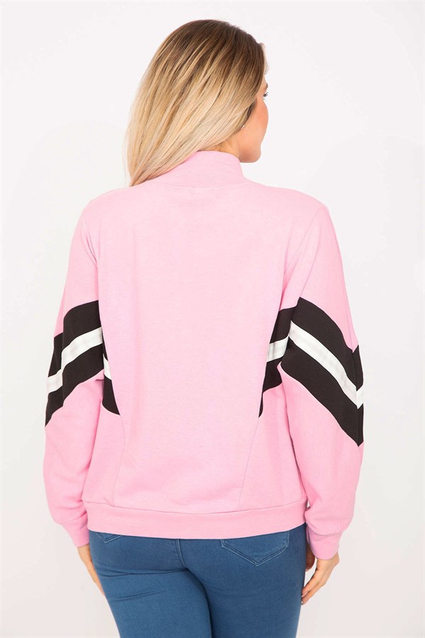Women's Pink 2-Ply Fabric Front Zipper and Stripe Detail Sweatshirt 65N35299