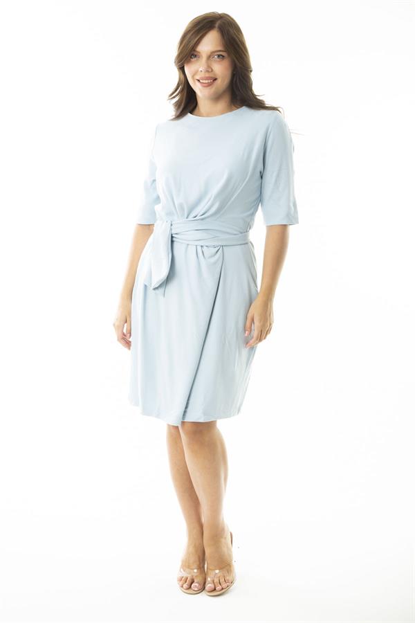 Kadın Büyük Beden Bebe Mavisi Belden Kuşak Bağcıklı Astarlı Elbise 65N36899