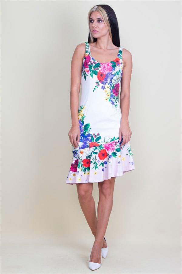 TAŞ DETAYLI ÇİÇEK DESENLİ ELBİSE