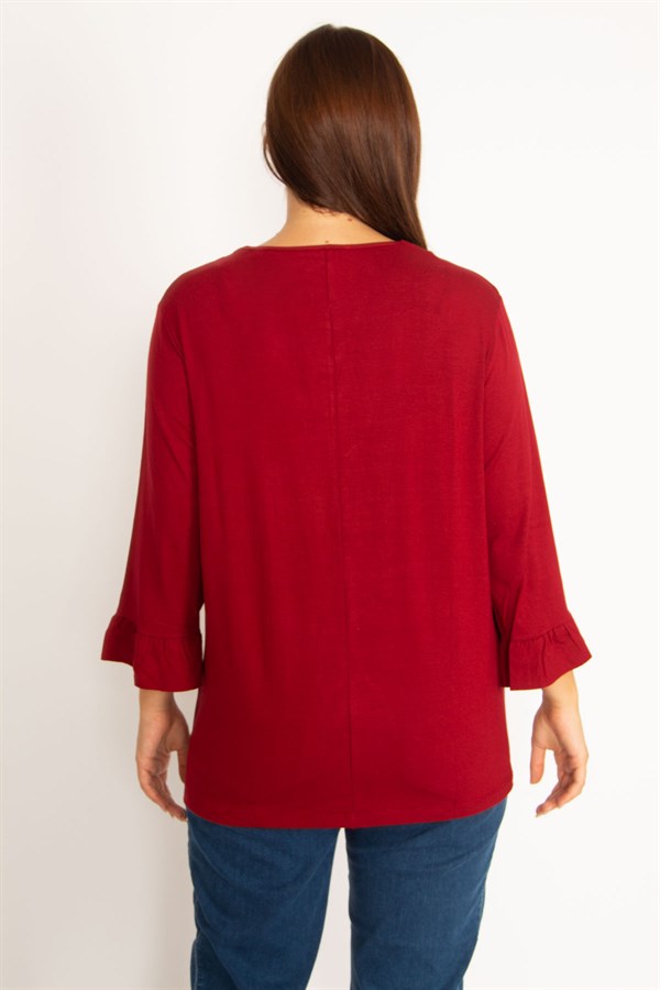 Kadın Bordo Yakası Kuşgözü Bağcık Detaylı Kol Ağzı Fırfır Büzgülü Bluz 65N34648