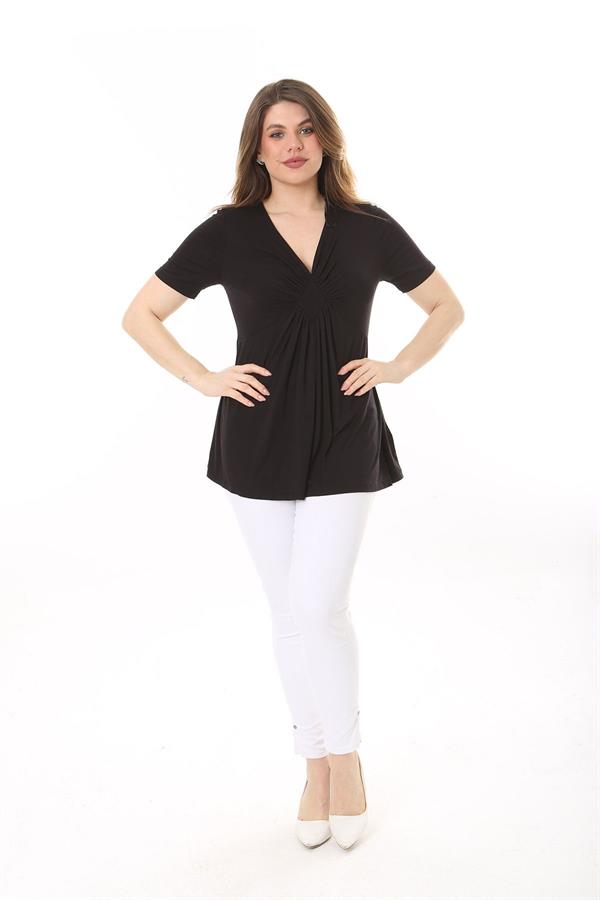 Kadın Büyük Beden Bordo Göğüs Büzgü Detaylı V Yakalı Kısa Kollu Bluz 65N37581