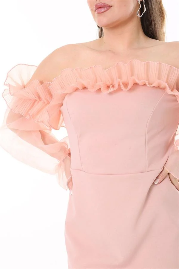 Kadın Büyük Beden Somon Yaka Ve Kolları Organze Elbise 65N37740