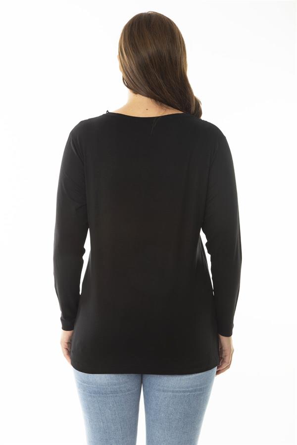 Kadın Büyük Beden Siyah Yakası Dantel Detaylı Uzun Kollu Bluz 65N36866